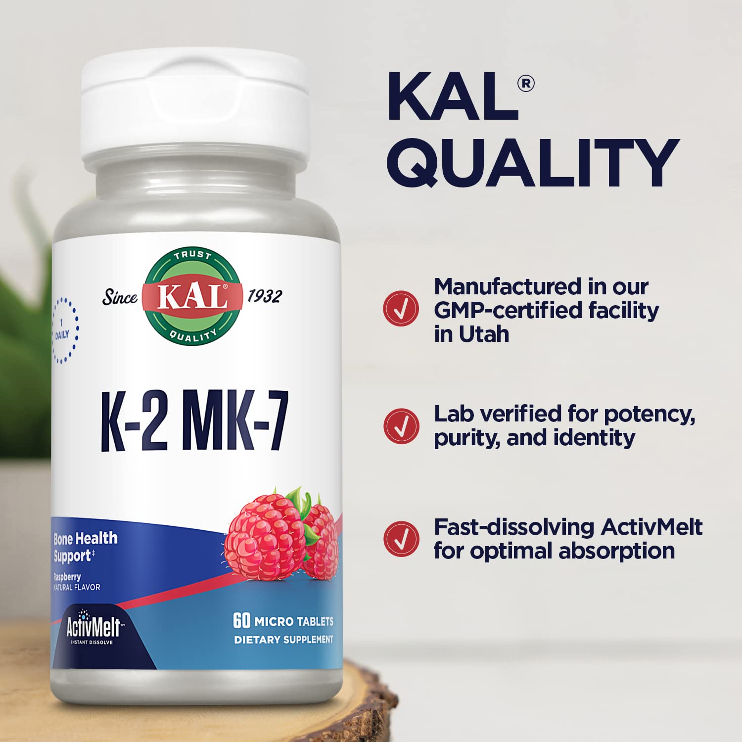 KAL Vitamin K2 MK7 ActivMelt vegan and gluten-free, suitable for sensitive diets.
