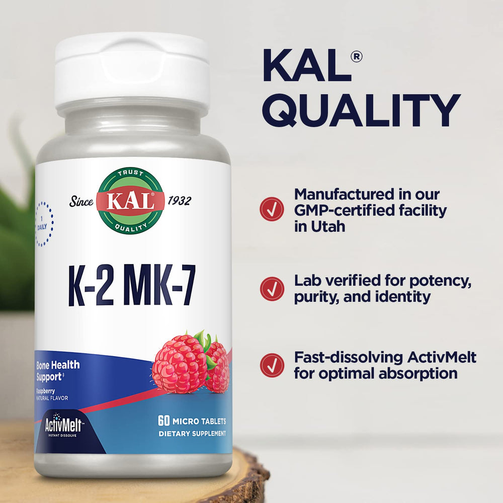 KAL Vitamin K2 MK7 ActivMelt vegan and gluten-free, suitable for sensitive diets.