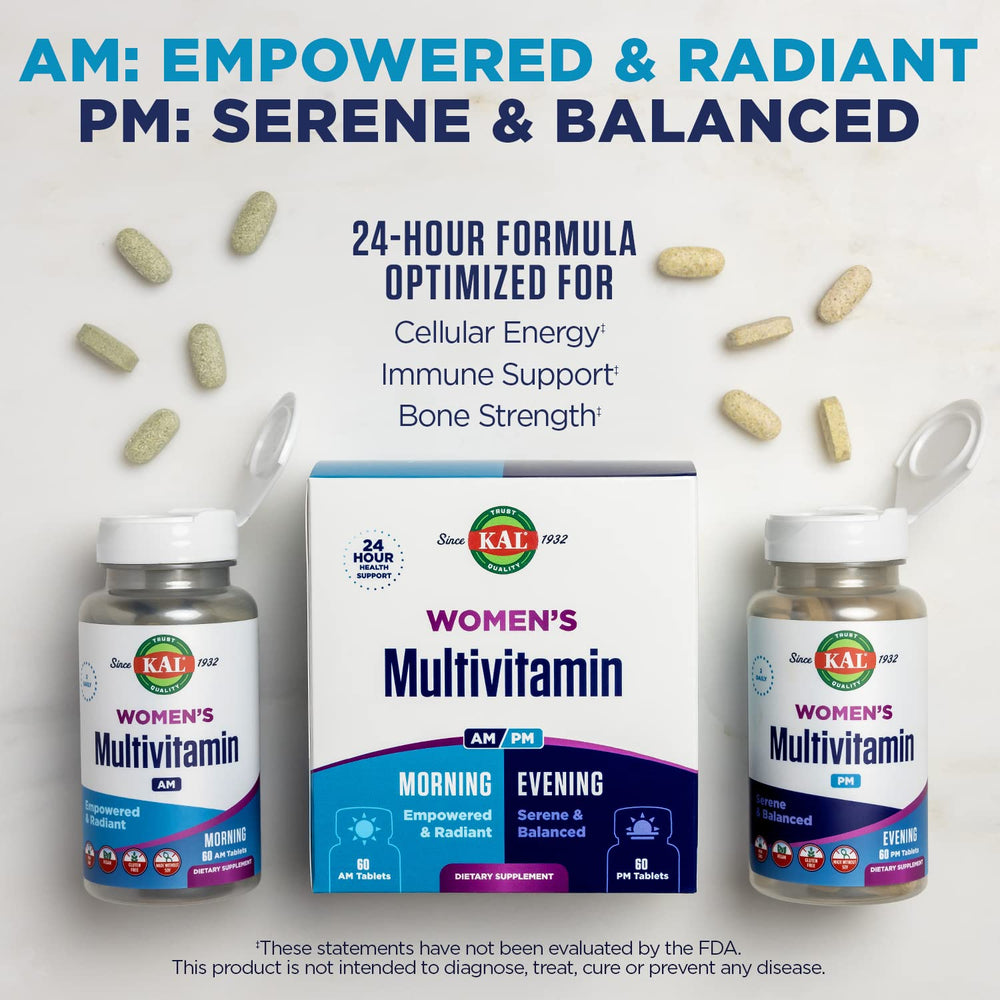 KAL Women's Multivitamin AM/PM ingredients chart highlights Ashwagandha