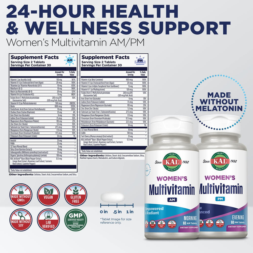 KAL Women's Multivitamin AM/PM packaging highlights vegan formula