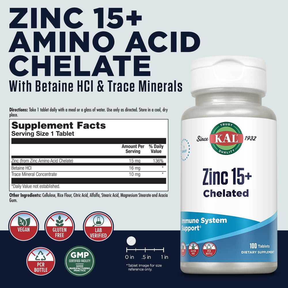 Close-up of KAL Zinc 15+ capsules showcasing vegetarian formula