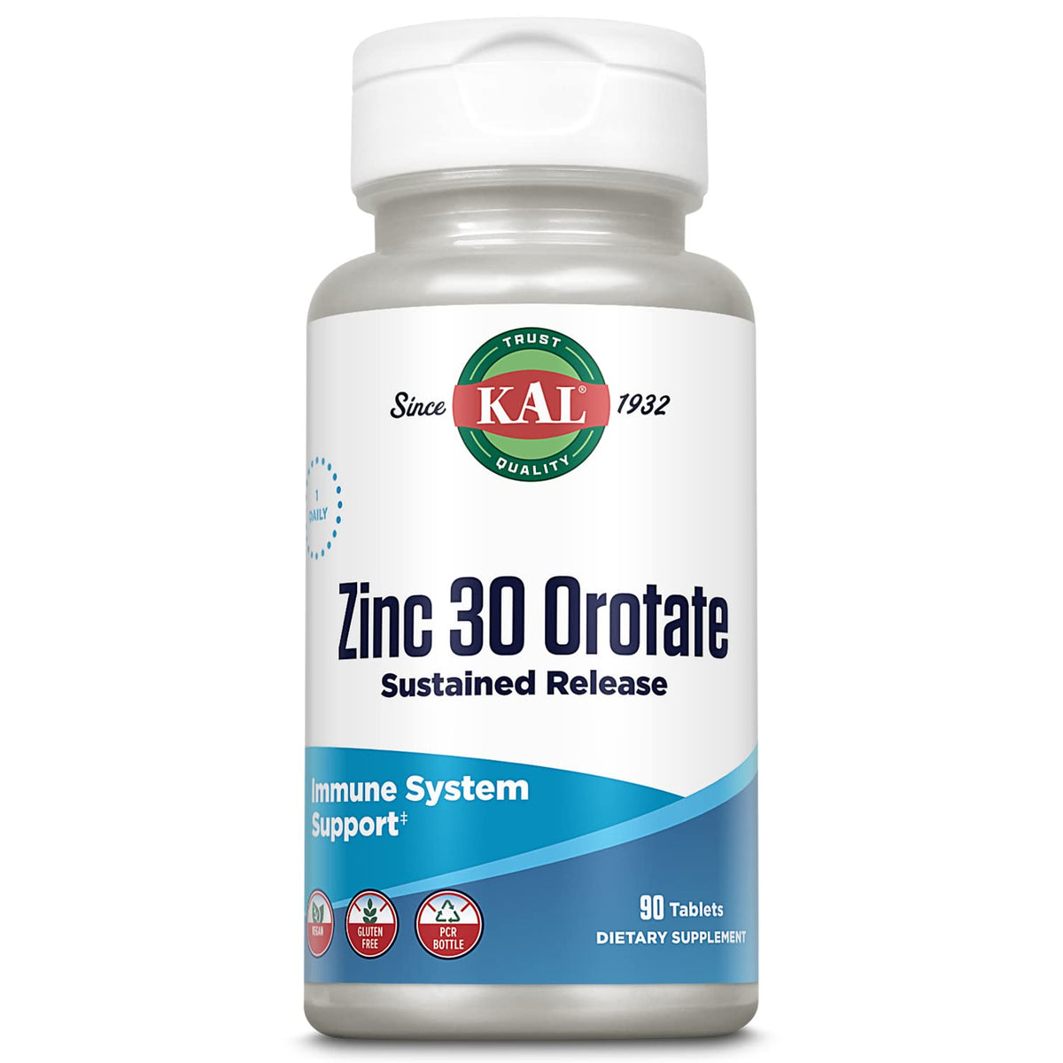 KAL Zinc Orotate 30mg bottle front; chelated zinc for daily support.