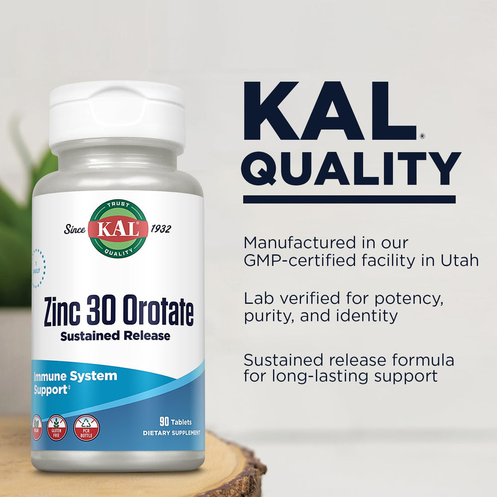 KAL Zinc Orotate packaging highlights 90 servings for long-term use.