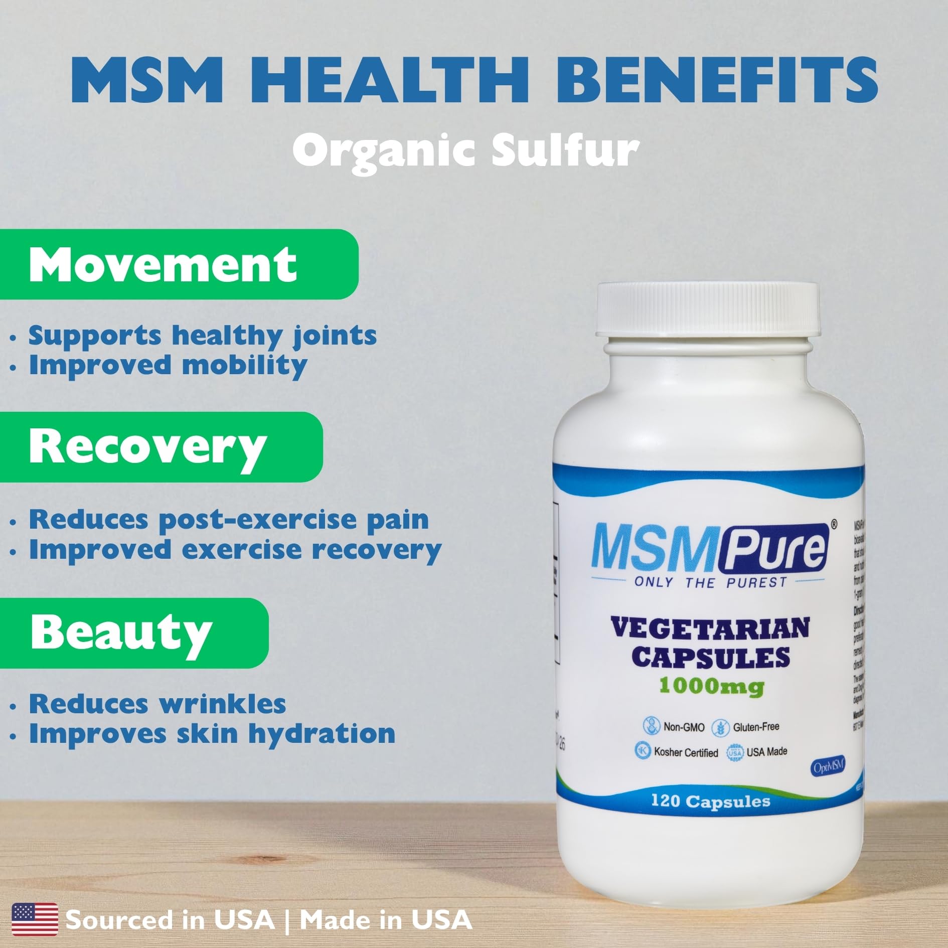 KALA HEALTH MSMPure capsules closeup showing smooth, tasteless daily supplement.