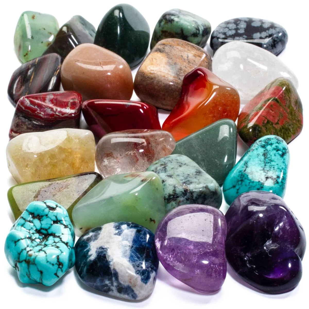 Kalifano bulk tumbled stones overview for crystal displays and crafts.