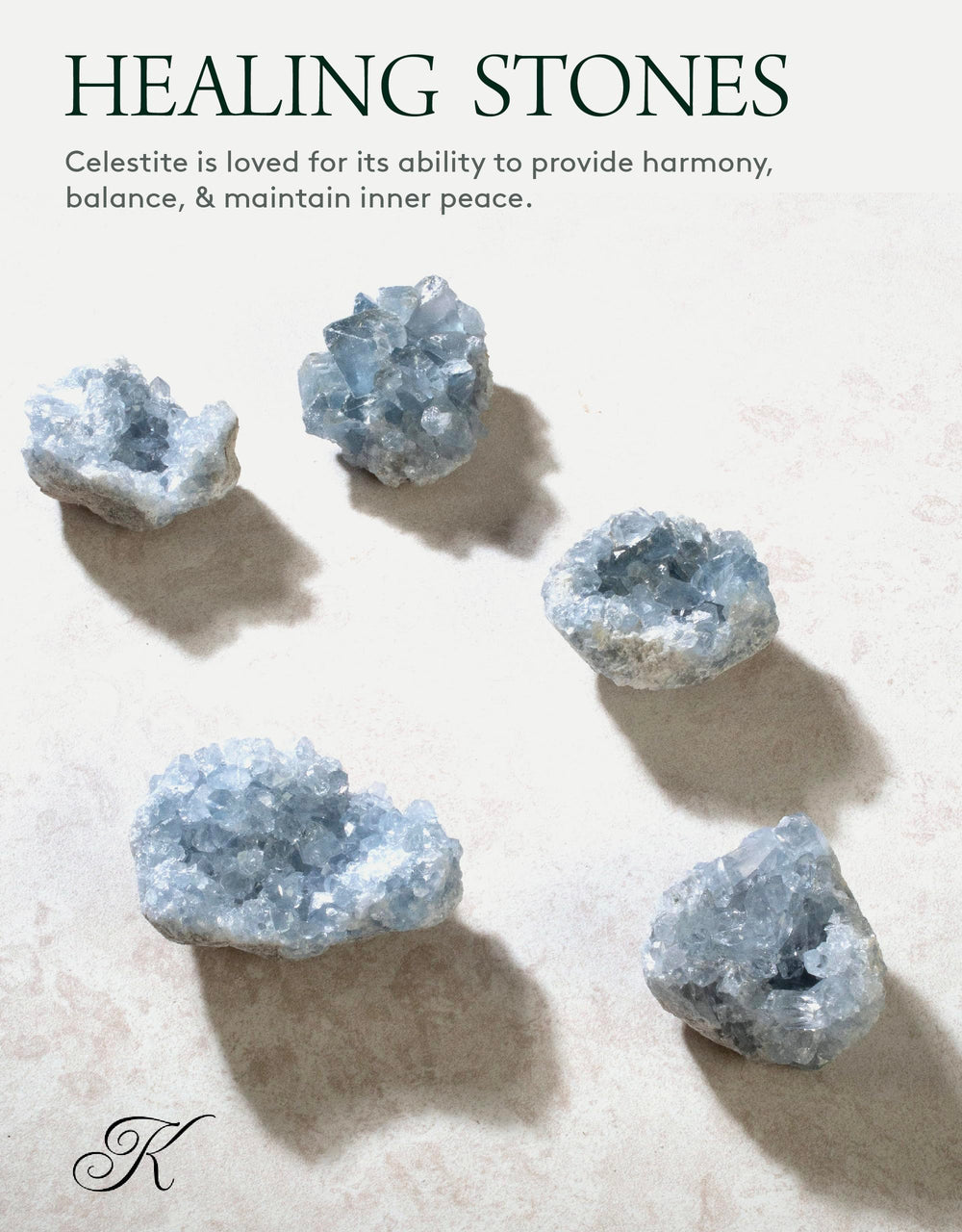 Kalifano Celestite cluster handheld view highlights portable tranquility for desk meditation.