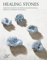 Kalifano Celestite cluster handheld view highlights portable tranquility for desk meditation.