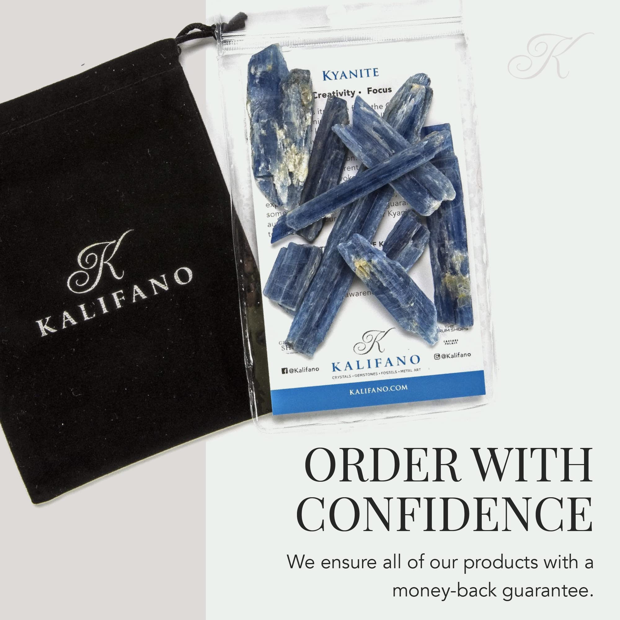 KALIFANO kyanite crystals in a meditation scene promoting inner peace.