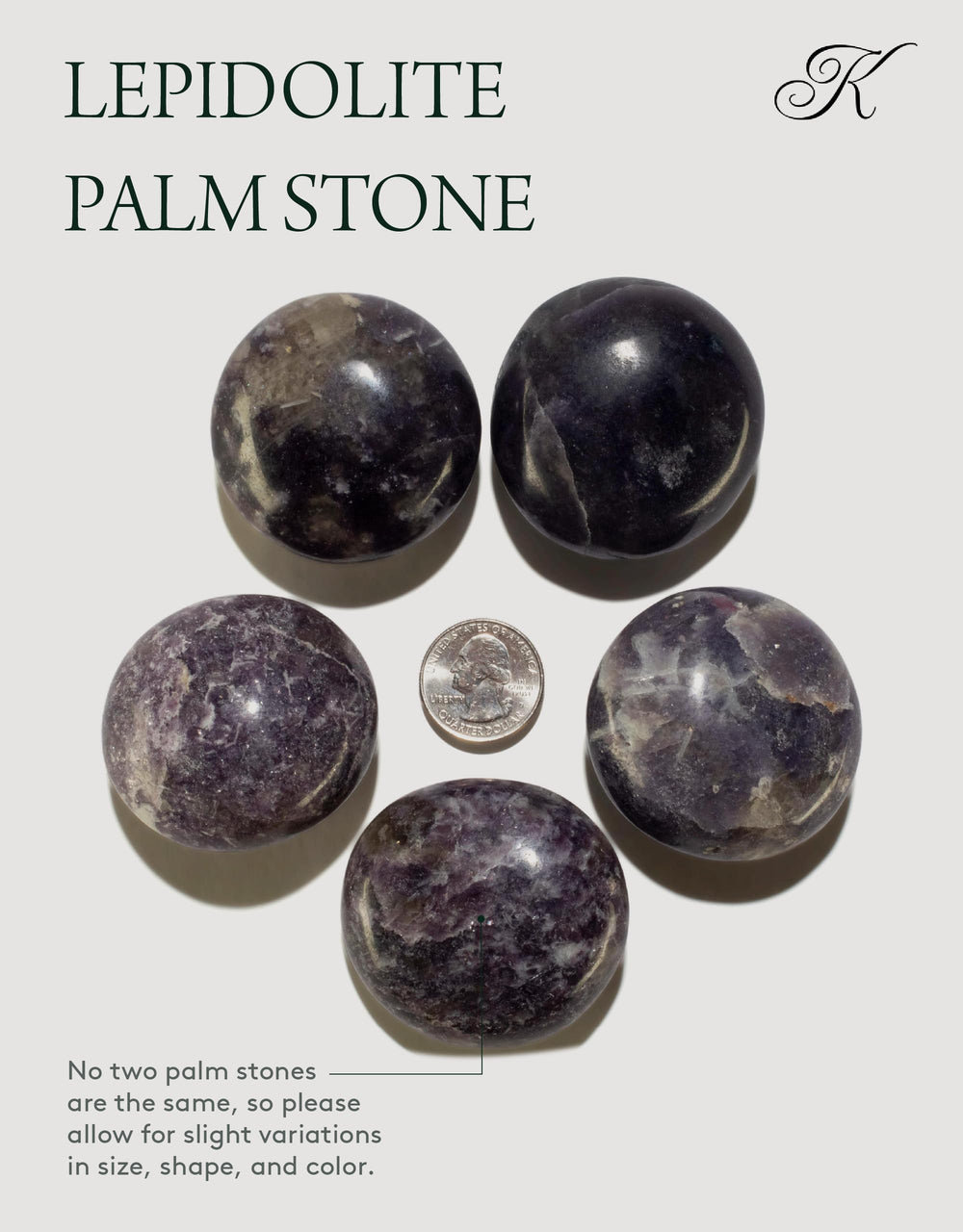 KALIFANO Lepidolite palm stone beside information card explaining minerals