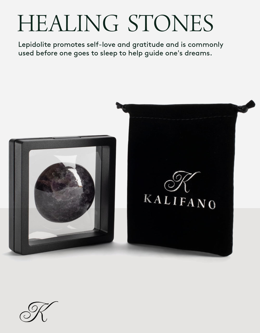 KALIFANO Lepidolite palm stone in sleep ritual setting promoting dream guidance