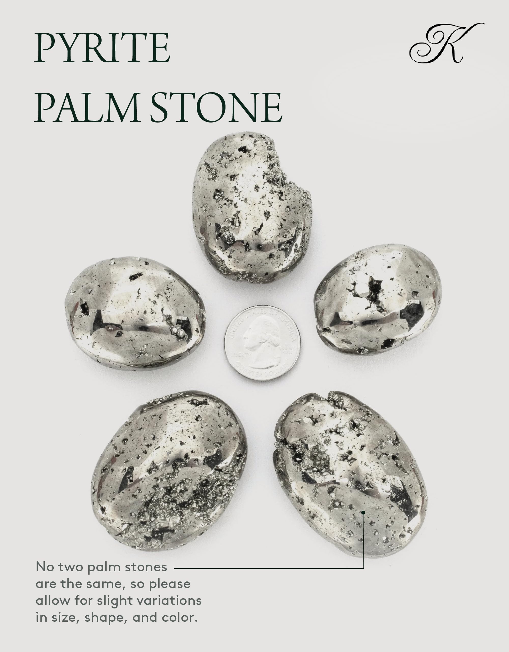 KALIFANO pyrite palm stone on display, showcasing luster and sturdy feel of natural material.