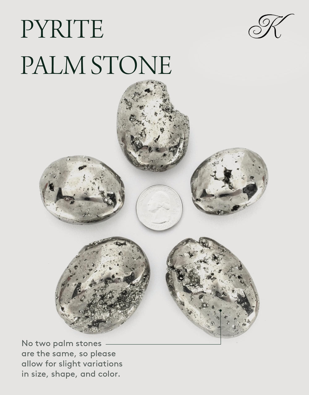 KALIFANO pyrite palm stone on display, showcasing luster and sturdy feel of natural material.