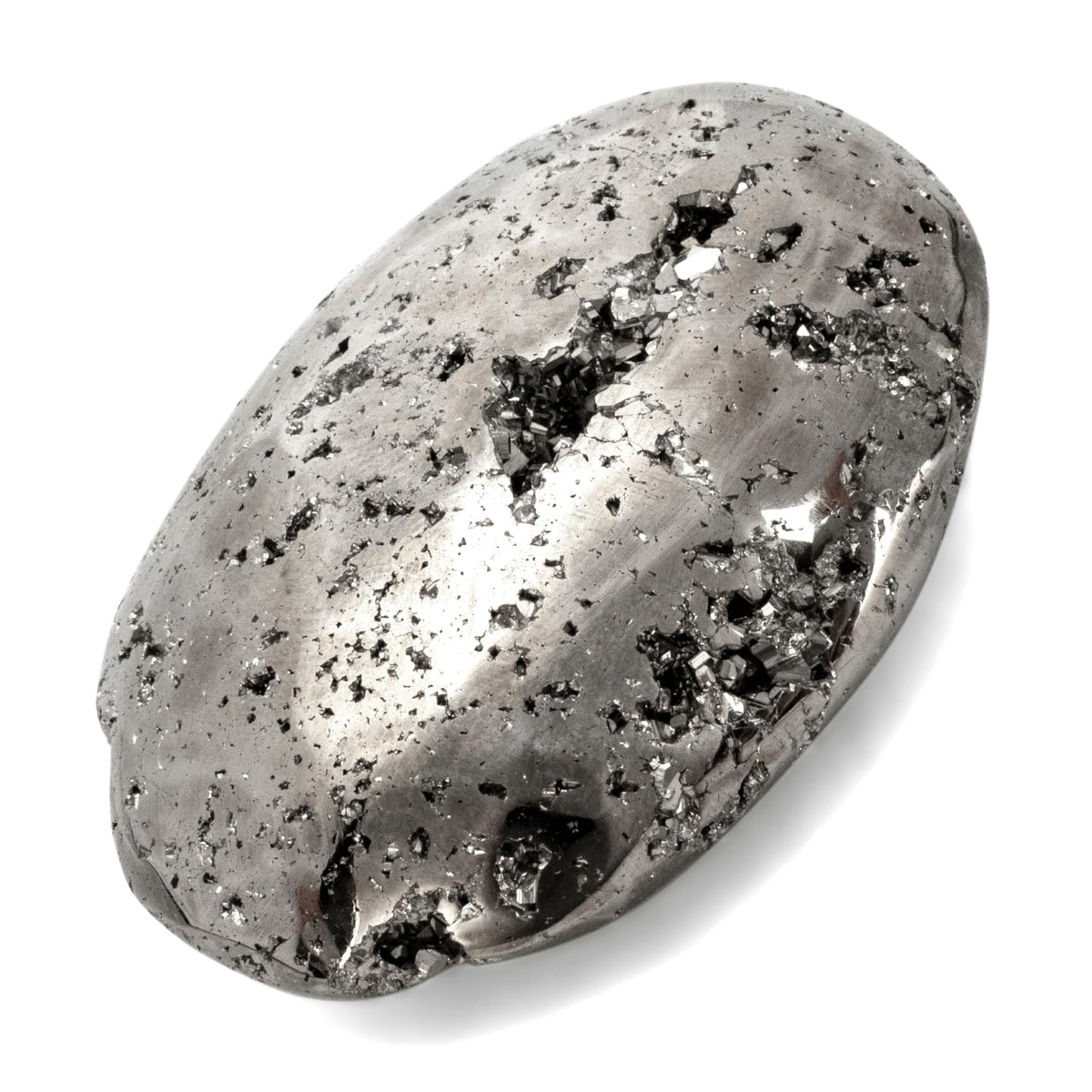 KALIFANO pyrite palm stone close-up showing brilliant luster and energy vibes.