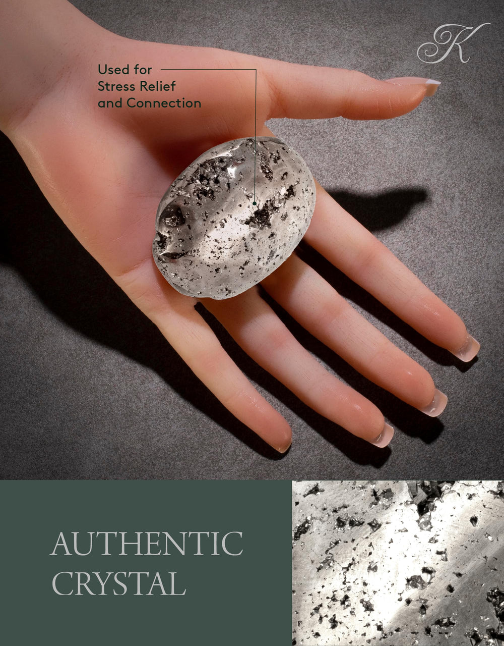 KALIFANO pyrite palm stone in hand highlighting natural variations and craftsmanship.