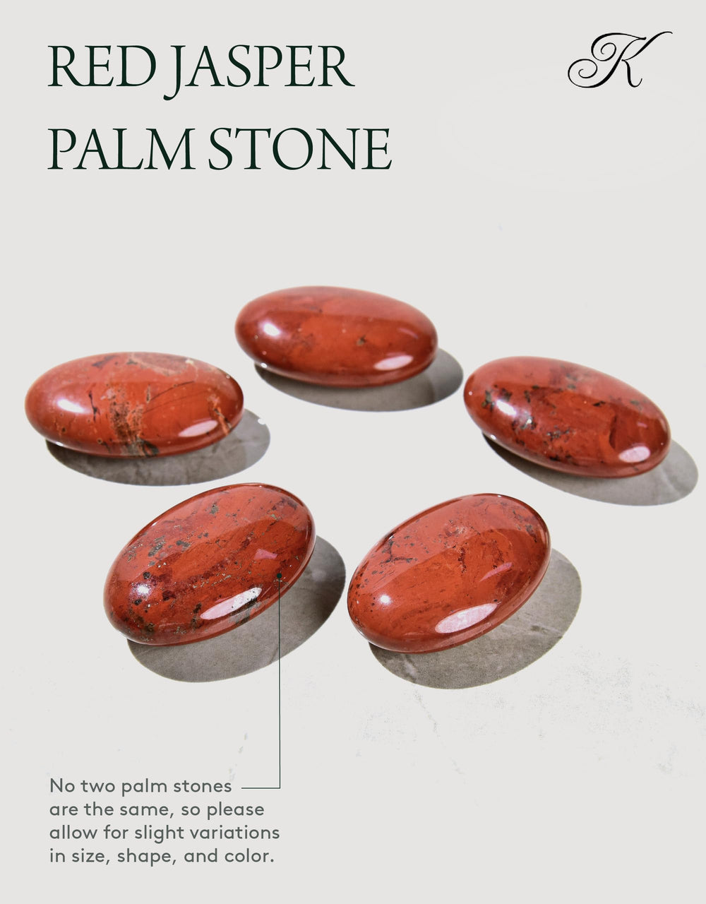 KALIFANO Red Jasper palm stone studio shot shows natural variations