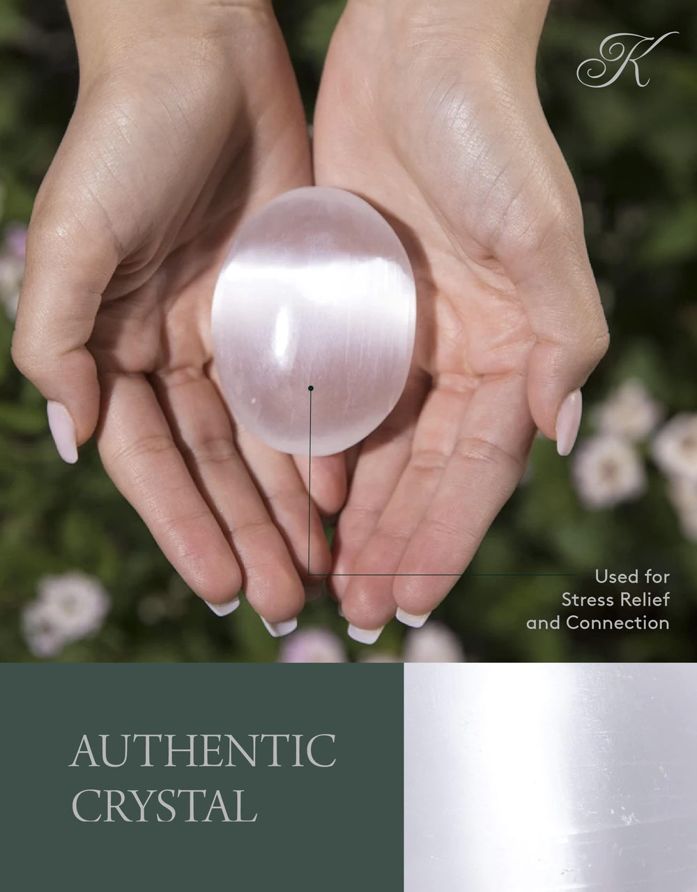 Kalifano selenite palm stone natural texture showing soft translucence