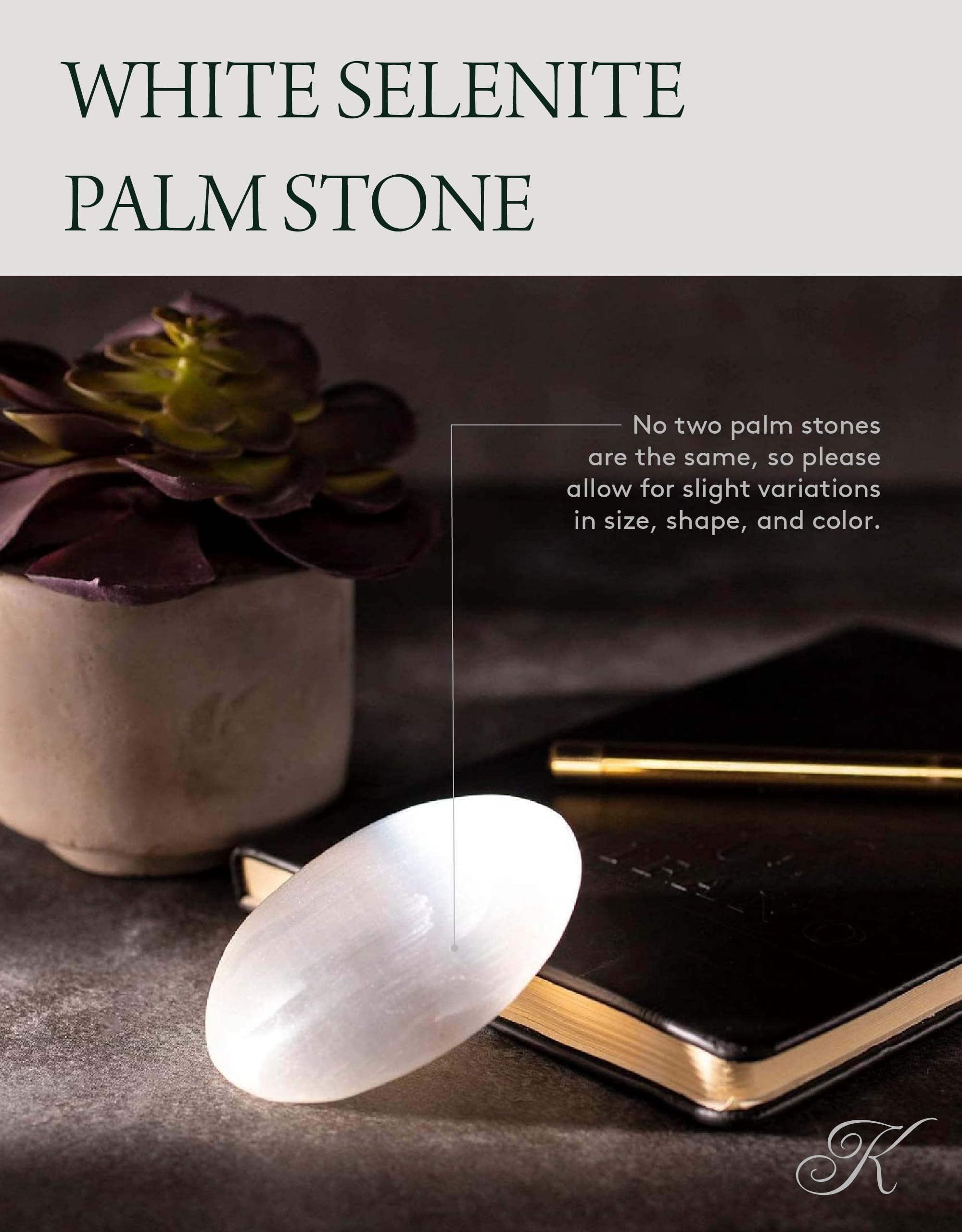 Kalifano selenite palm stone polished face with even glow for display