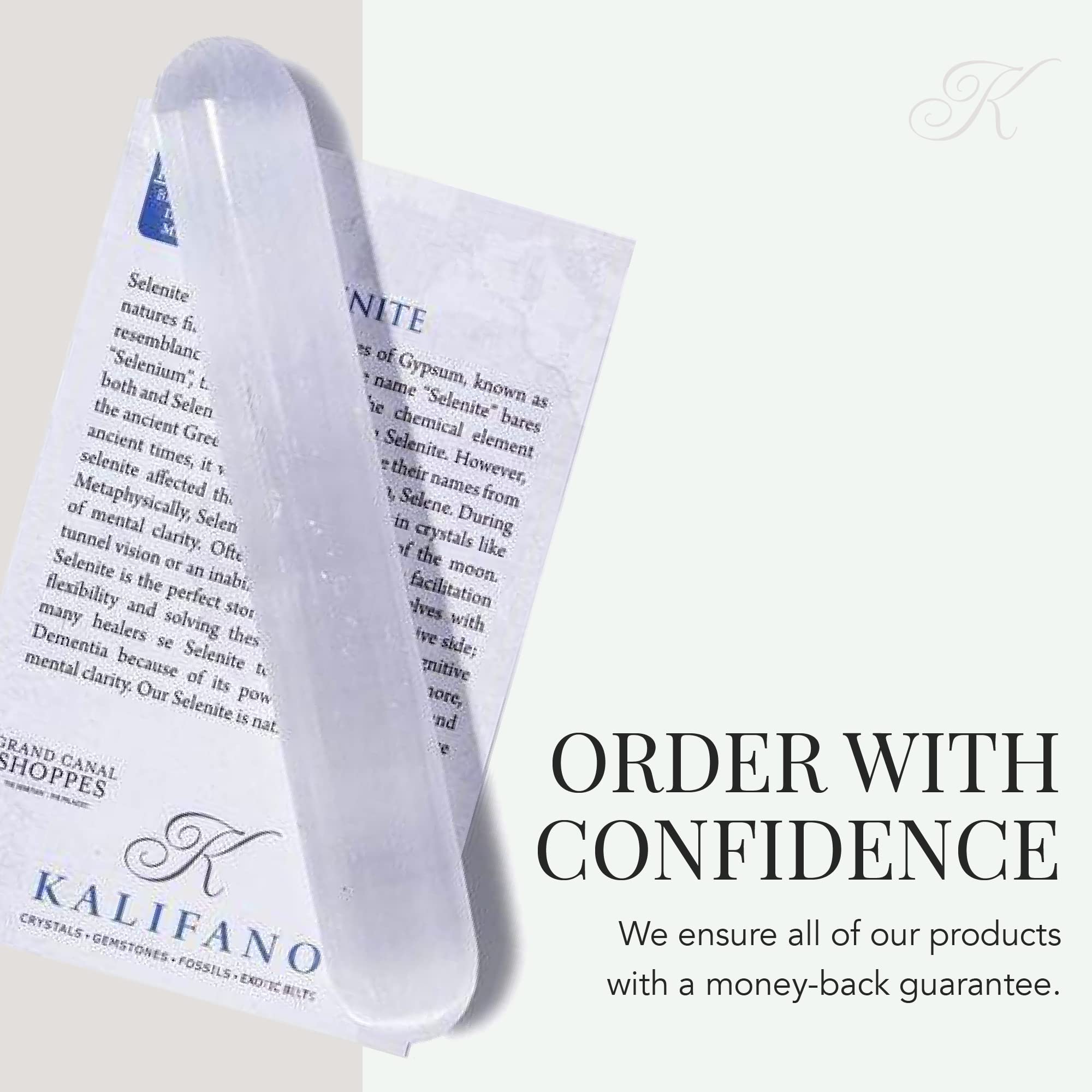 KALIFANO selenite wand 2-pack packaging with information card
