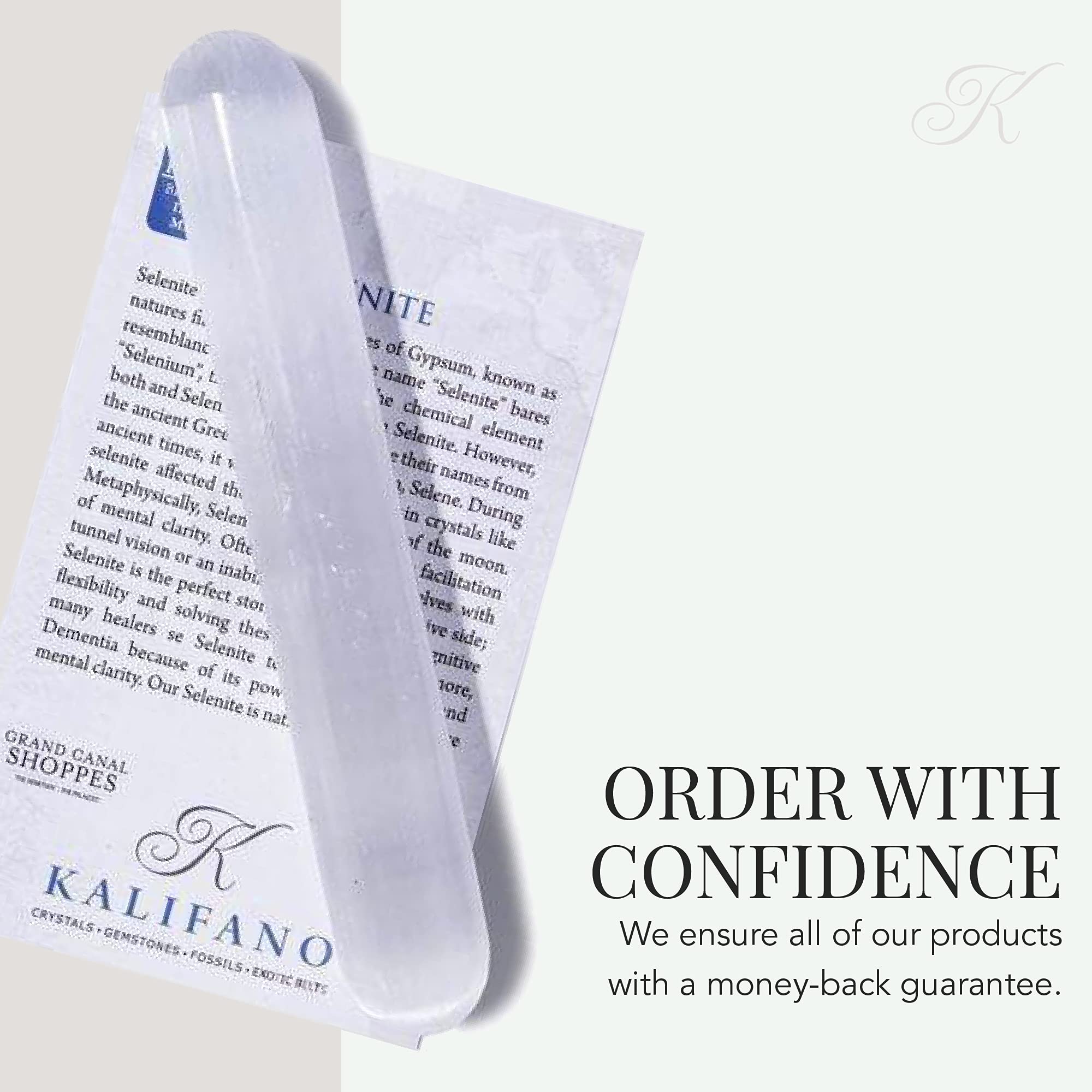 Scale view of the 6-inch Kalifano selenite wand and size variation.