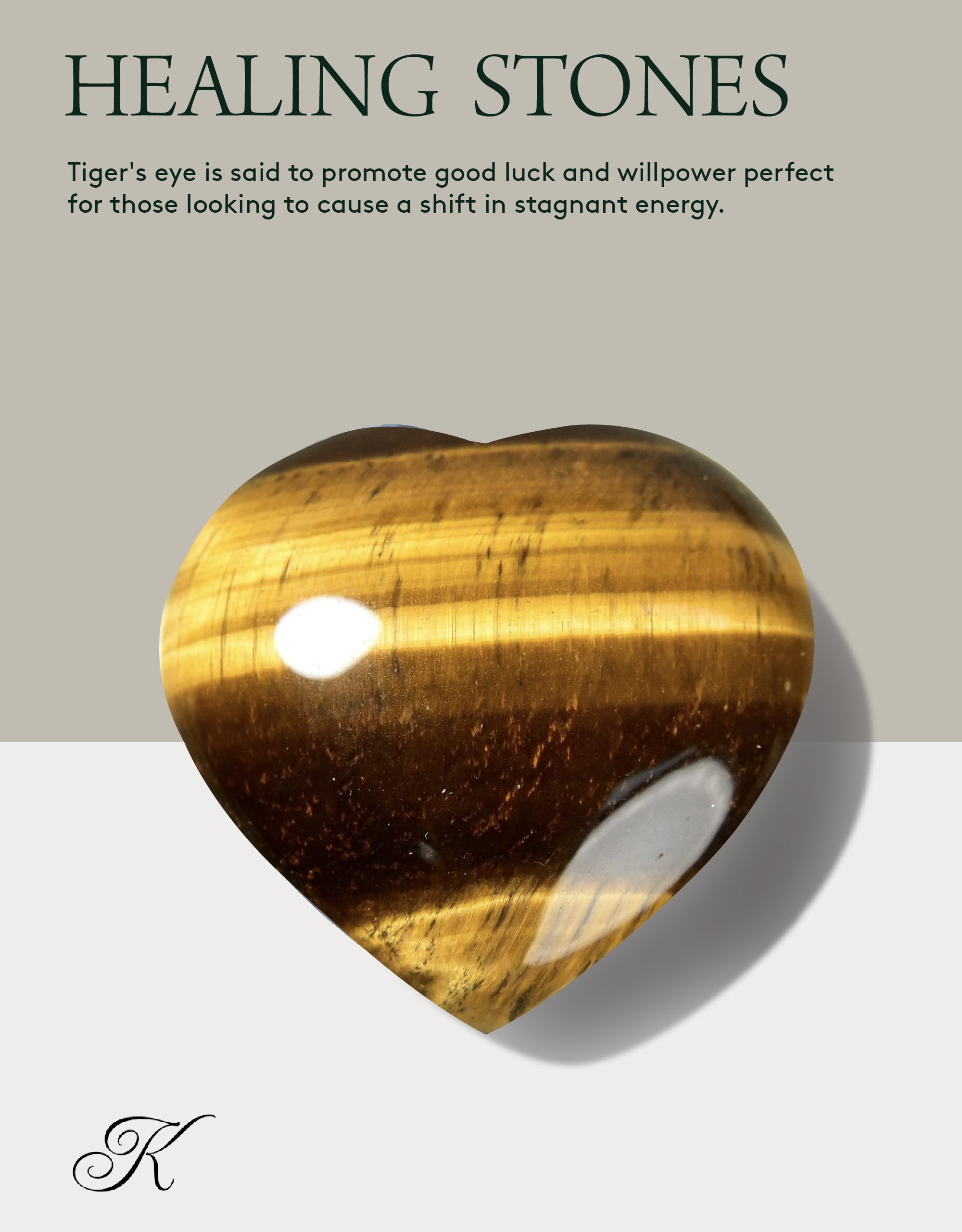 KALIFANO Tiger's Eye Heart information card accompanies the stone with usage notes.