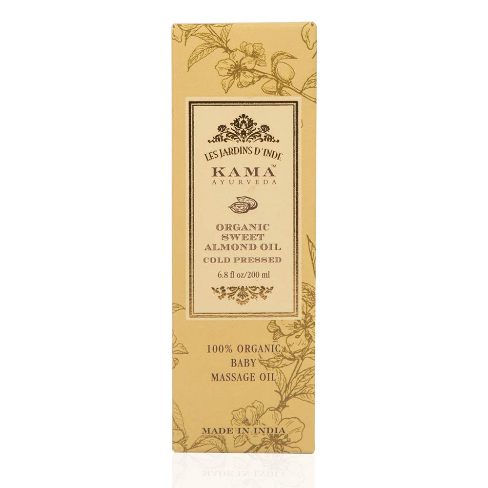 Kama Ayurveda almond oil packaging displays purity and brand heritage.