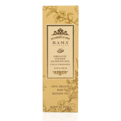 Kama Ayurveda almond oil packaging displays purity and brand heritage.