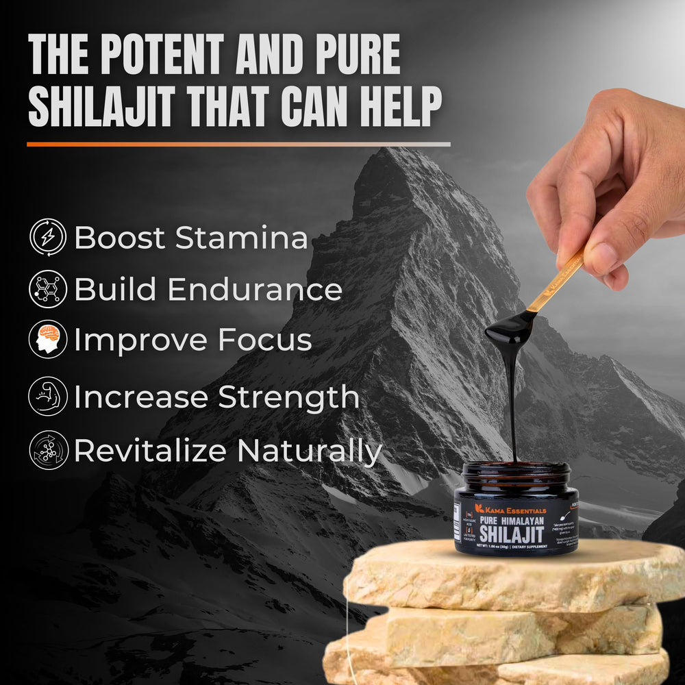 Kama Essentials gold-grade Shilajit packaging highlights premium sourcing