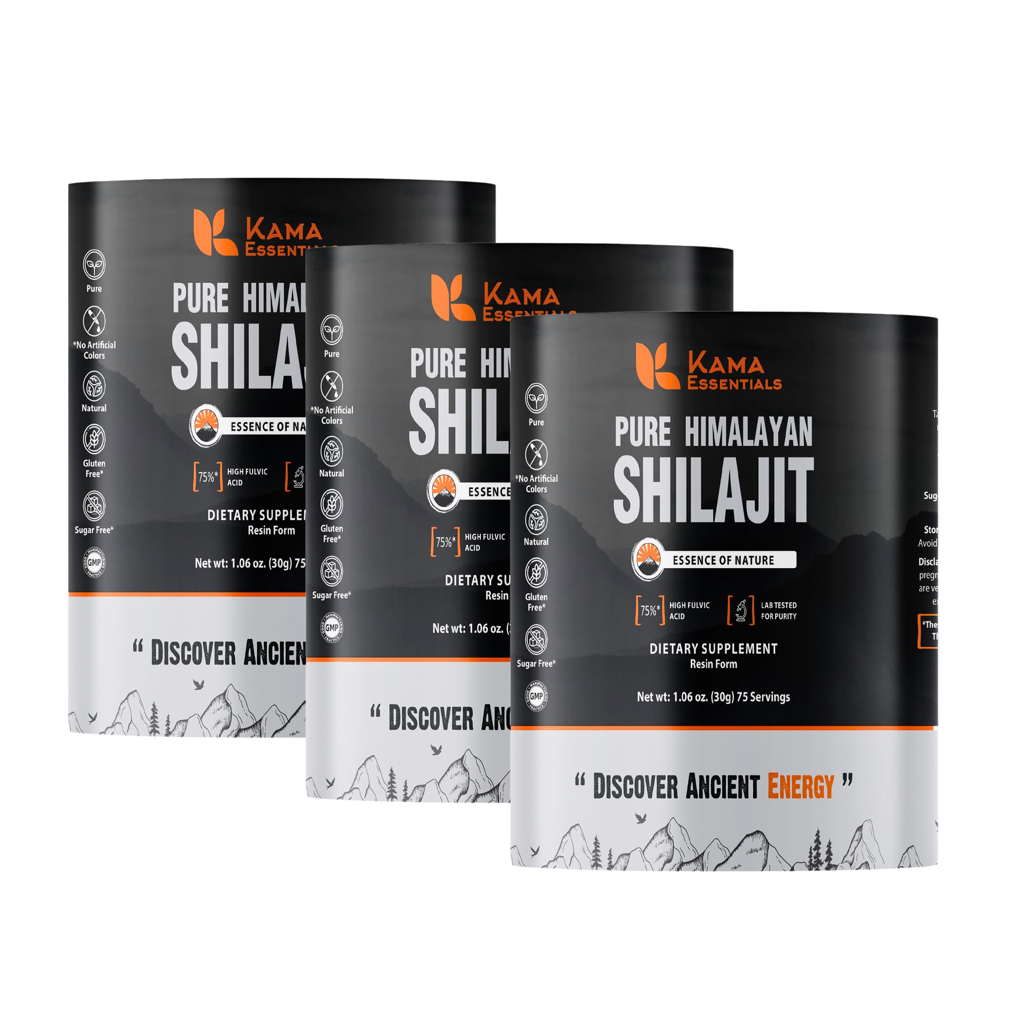 Kama Essentials golden Shilajit resin jar with amber color for daily vitality.