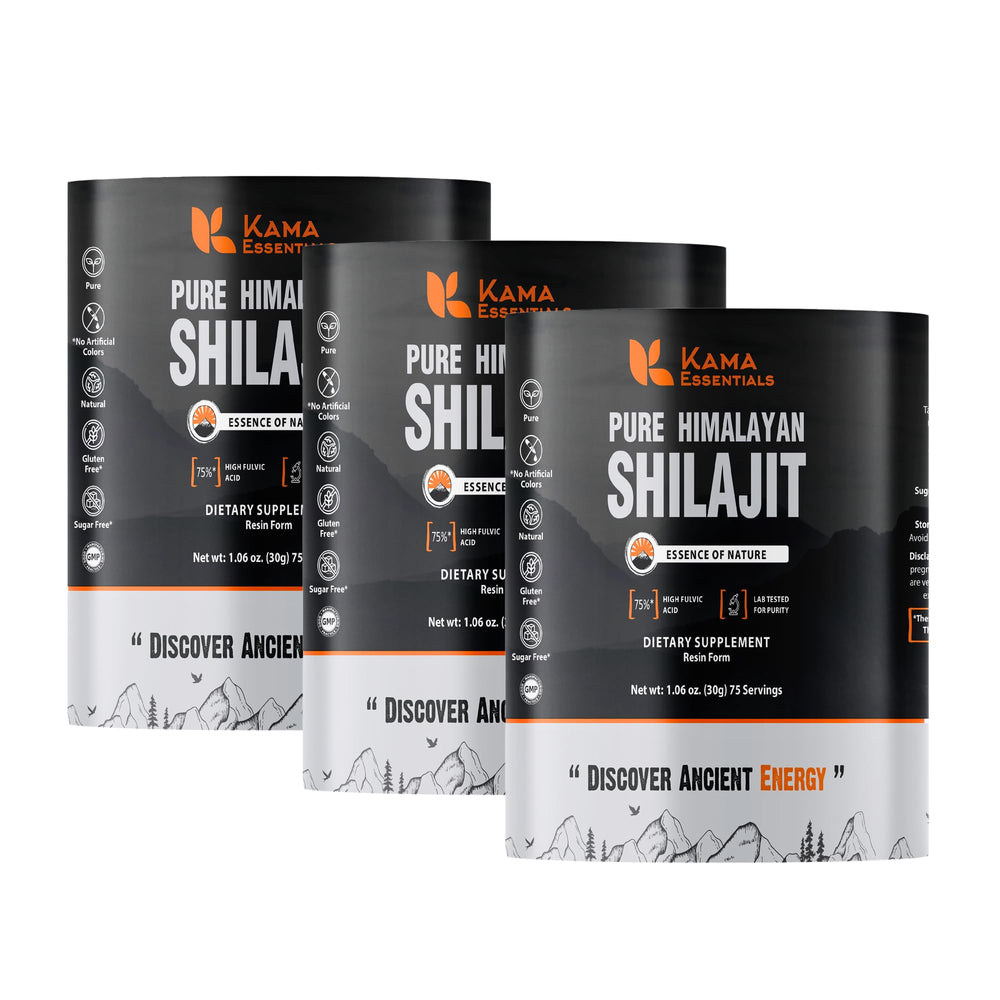 Kama Essentials golden Shilajit resin jar with amber color for daily vitality.