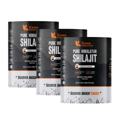 Kama Essentials golden Shilajit resin jar with amber color for daily vitality.