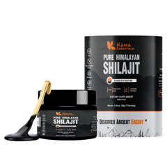 Kama Essentials Shilajit resin bottle on wood, showcasing premium mineral-rich wellness.