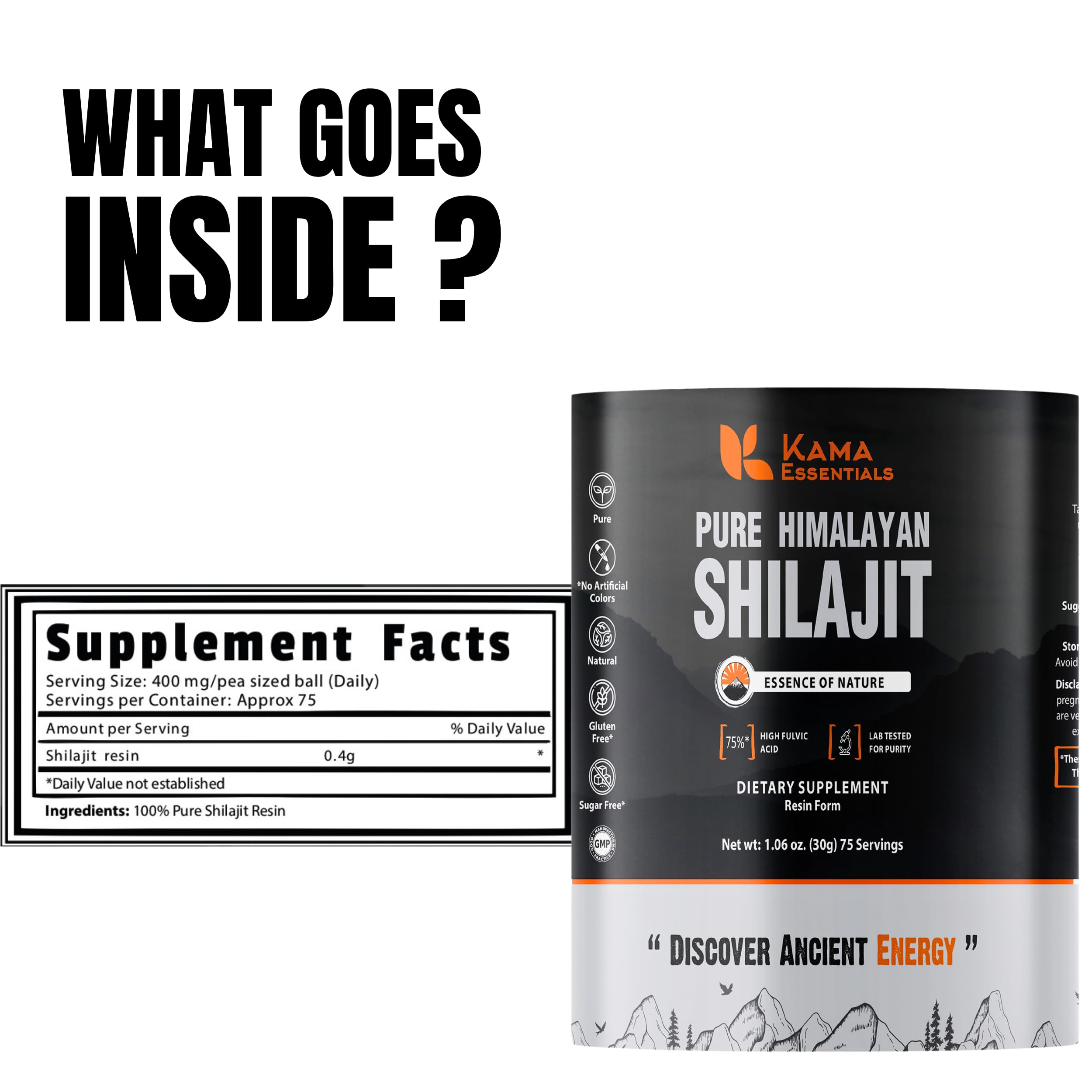 Lab-tested purity label on Kama Essentials Shilajit resin jar.
