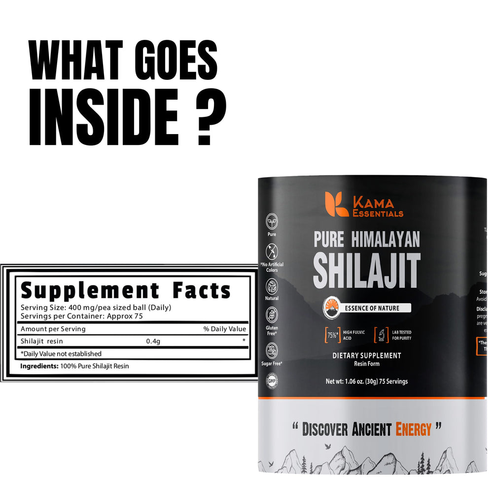 Lab-tested purity label on Kama Essentials Shilajit resin jar.