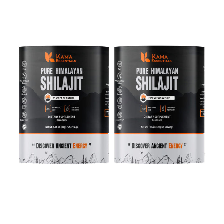 Kama Essentials Shilajit resin jar closeup showcasing authentic Himalayan resin and premium quality