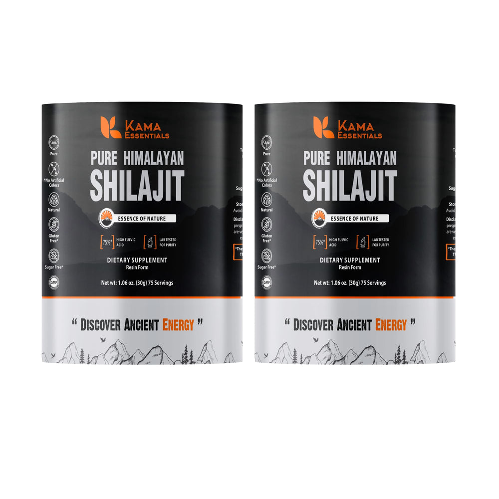 Kama Essentials Shilajit resin jar closeup showcasing authentic Himalayan resin and premium quality