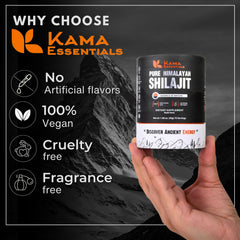 Measuring spoon shows 400 mg dose of Kama Essentials Shilajit resin.