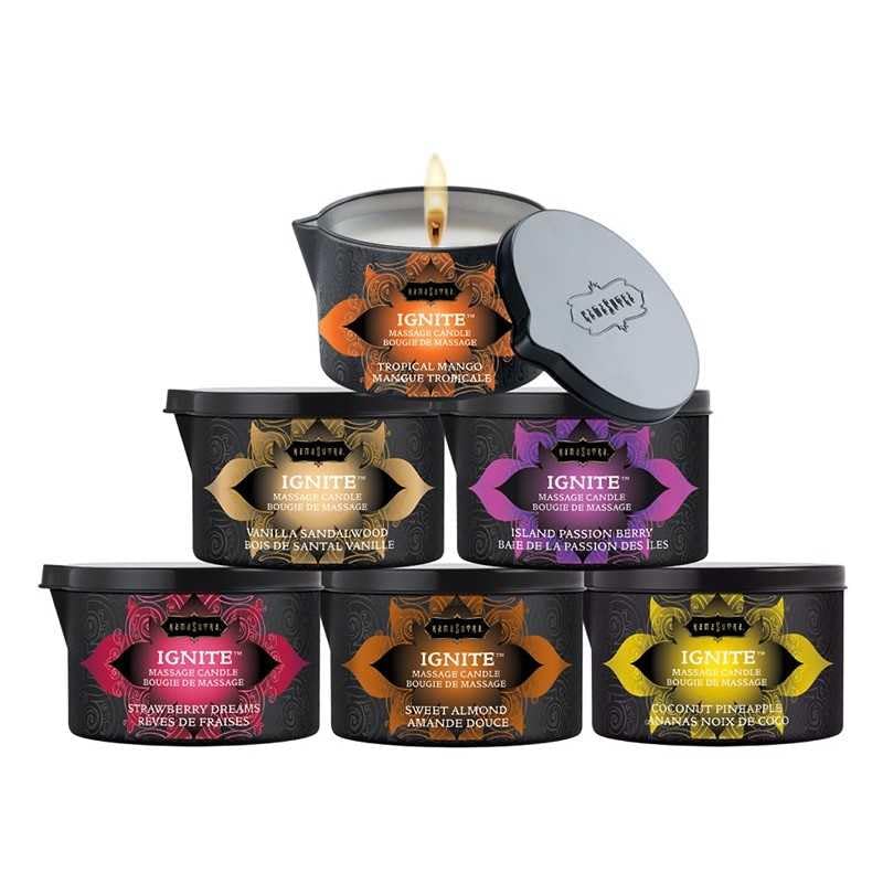 Kama Sutra Ignite romantic evening setup with candle glow and massage oil