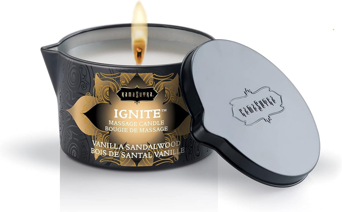 Kama Sutra Massage Candle Tahitian Sandalwood melts into oil for soothing massage.
