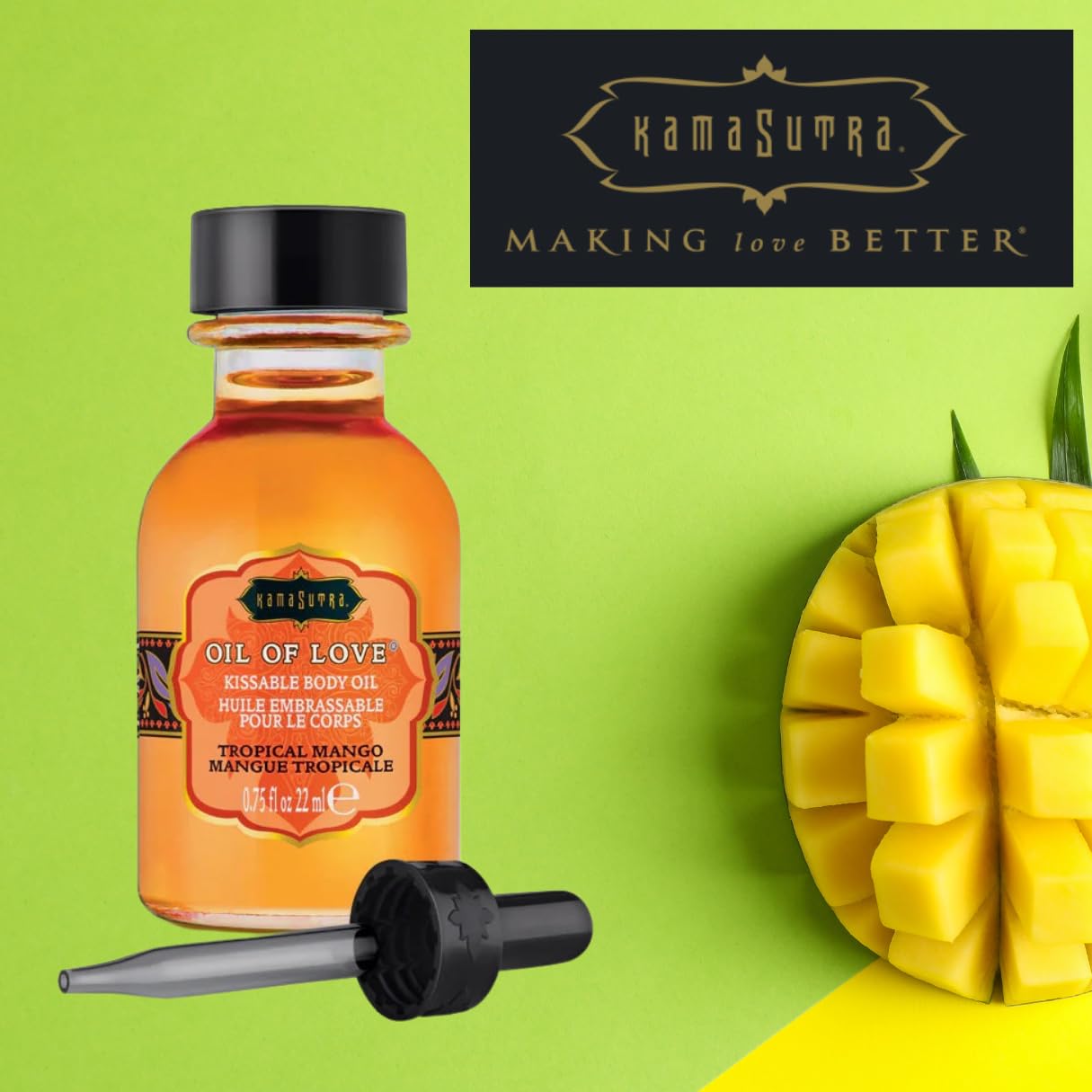 Kama Sutra Oil of Love Tropical Mango creates a kissable aroma moment.