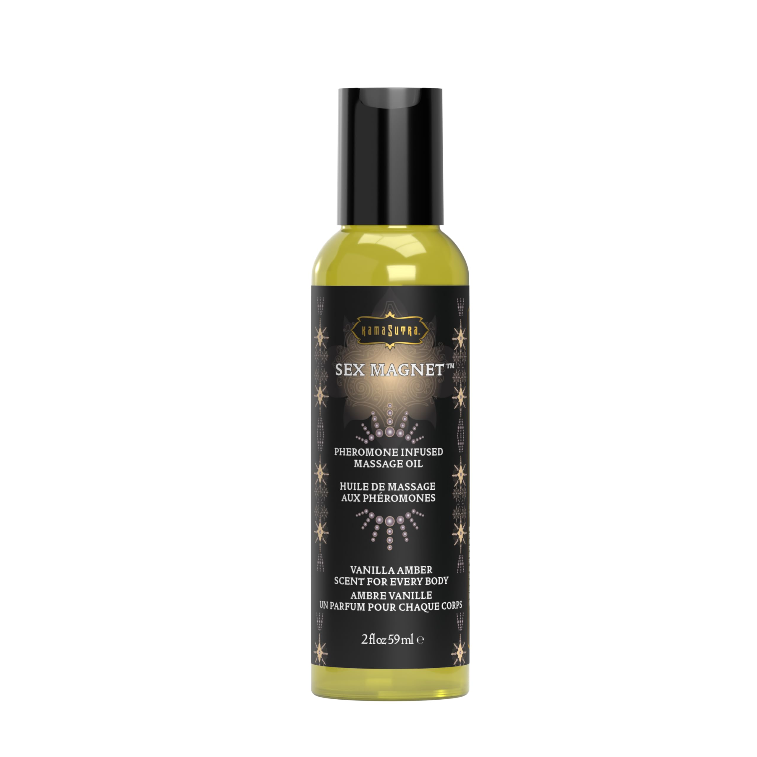 Kama Sutra Sex Magnet Massage Oil bottle being poured for a sensual full-body massage.