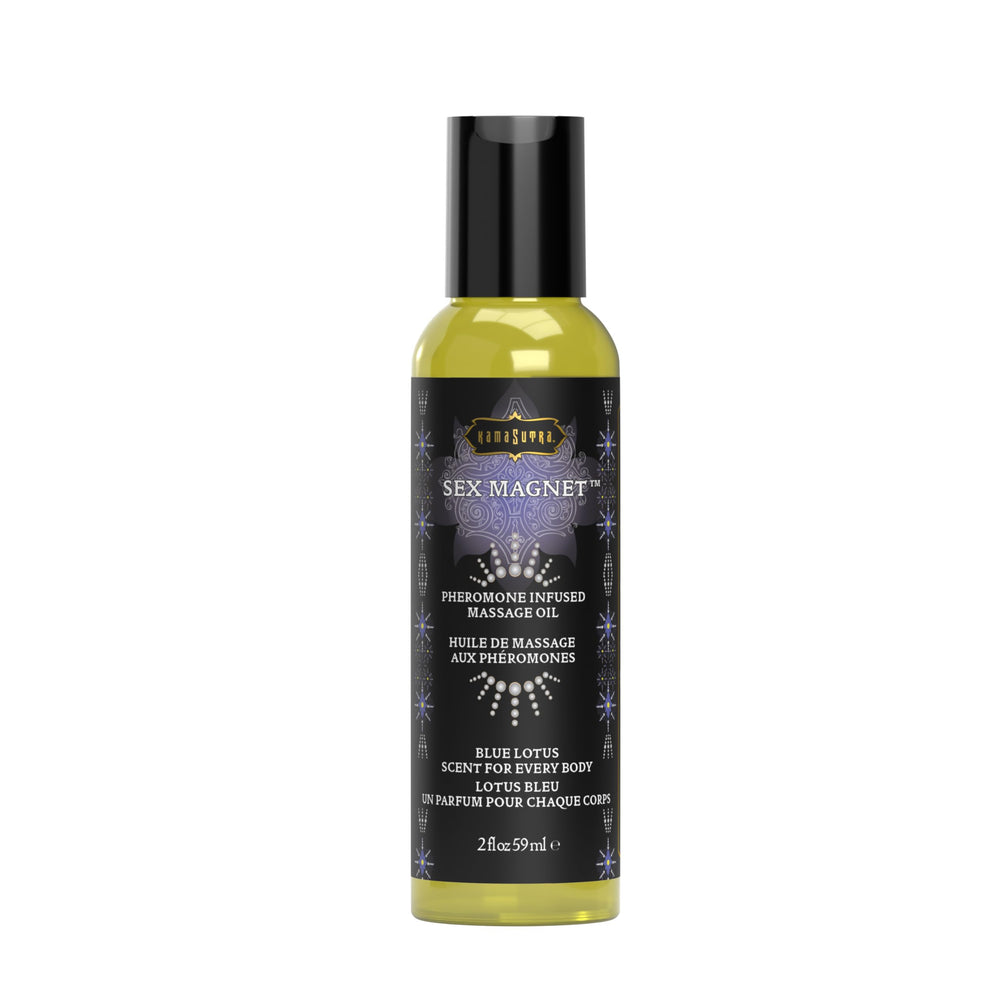 Kama Sutra Sex Magnet Pheromone Massage Oil bottle with blue lotus, ultra-moisturizing for full-body massage.