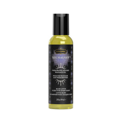 Kama Sutra Sex Magnet Pheromone Massage Oil bottle with blue lotus, ultra-moisturizing for full-body massage.