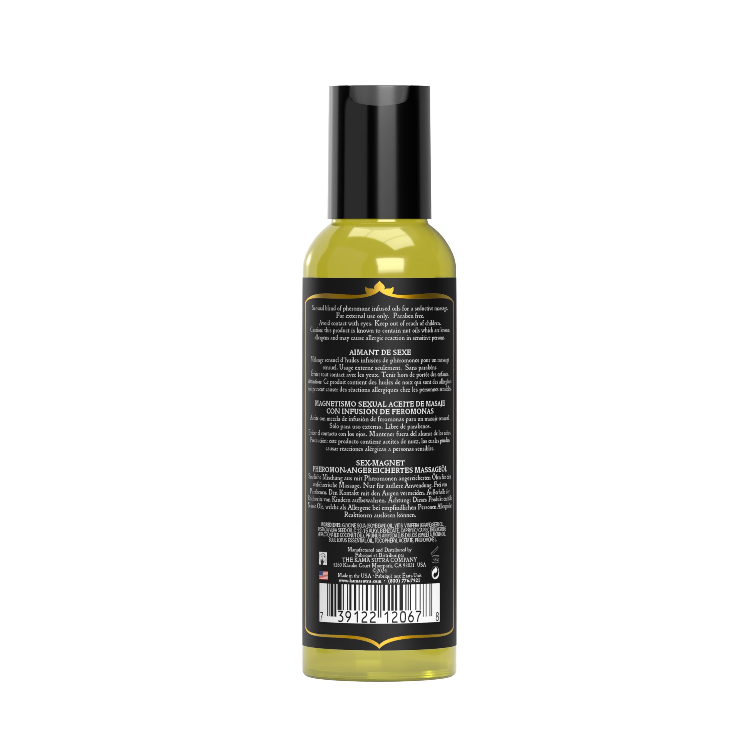Kama Sutra Sex Magnet Massage Oil label with Vanilla Amber, ideal for romantic moments.
