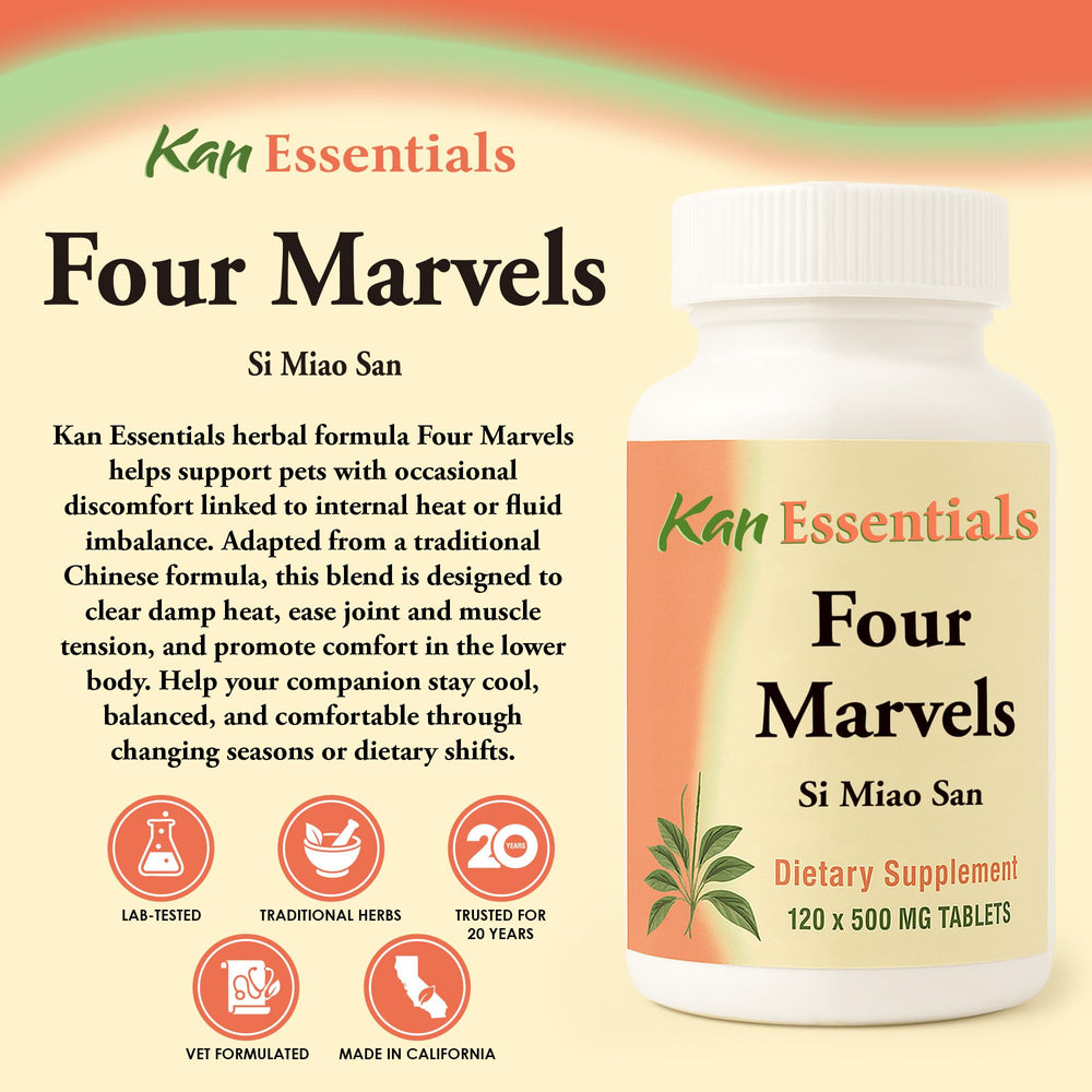 Kan Herb Four Marvels bottle dosage close-up highlighting tablets for digestive support.