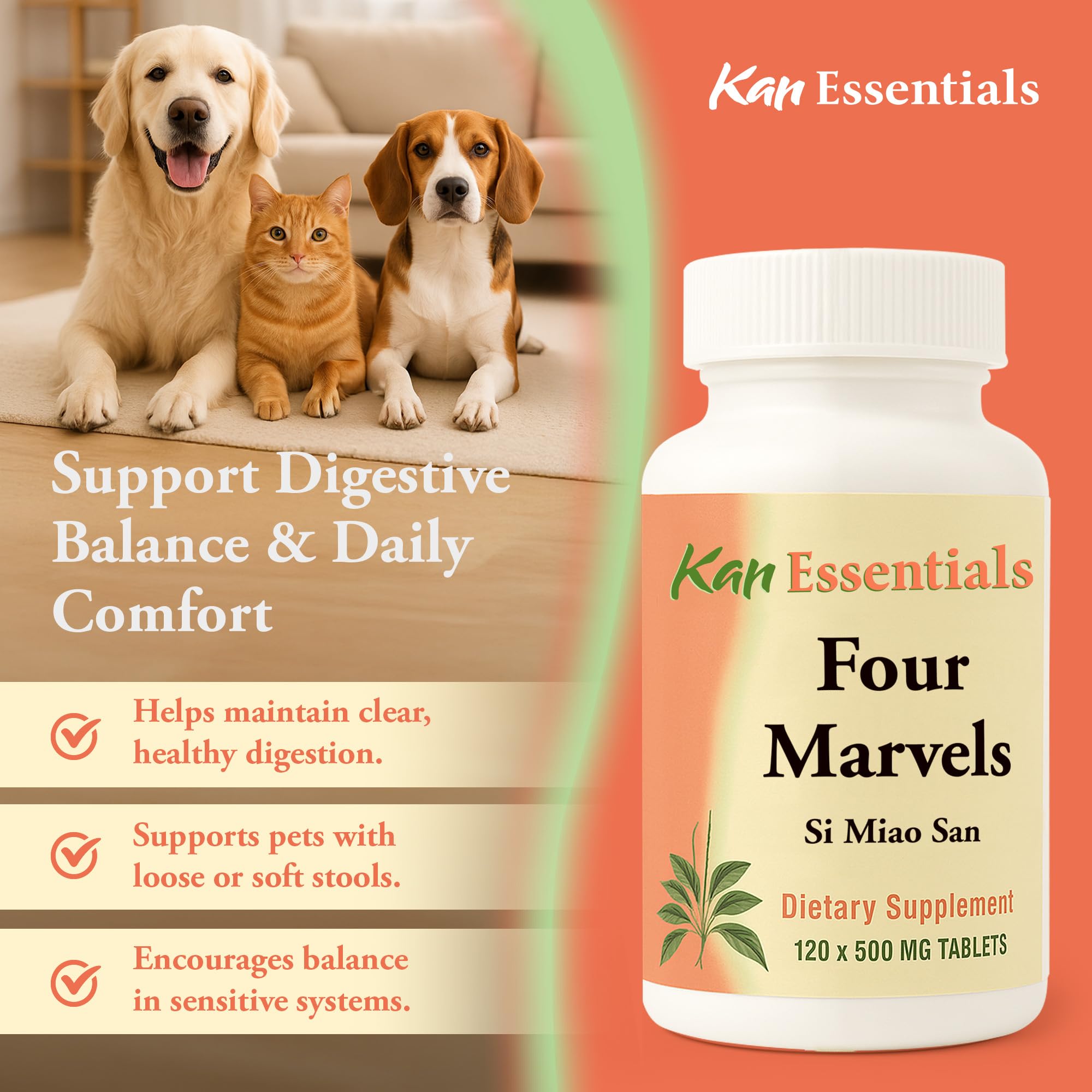 Kan Herb Four Marvels scene with a healthy dog or cat suggesting digestive balance use.