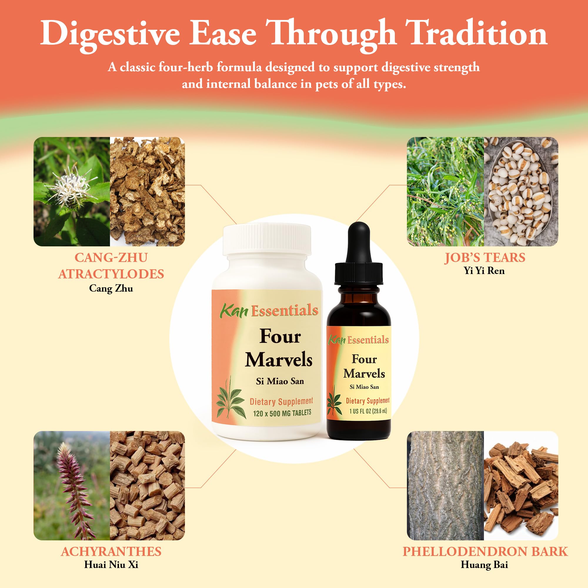 Kan Herb Four Marvels tablets close-up showcasing plant-based formula for pet wellness.