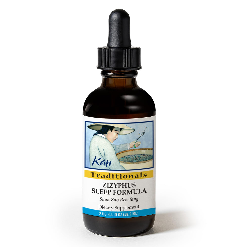 Kan Herbs Zizyphus Sleep Formula bottle pour for easy nightly dosing.
