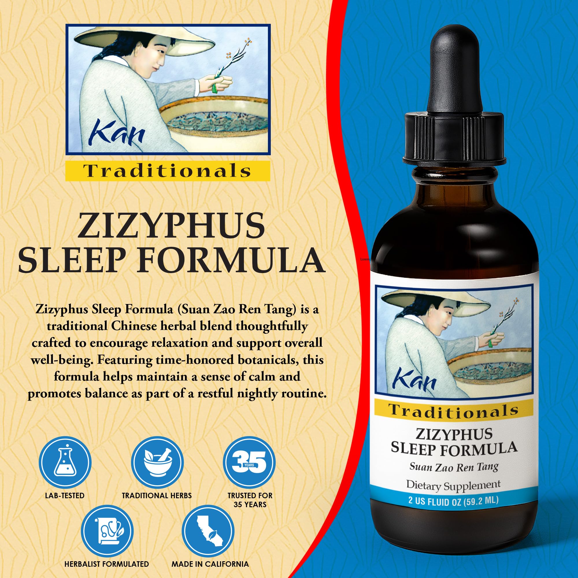 Kan Herbs Zizyphus Sleep Formula label closeup highlights traditional blend and trust.