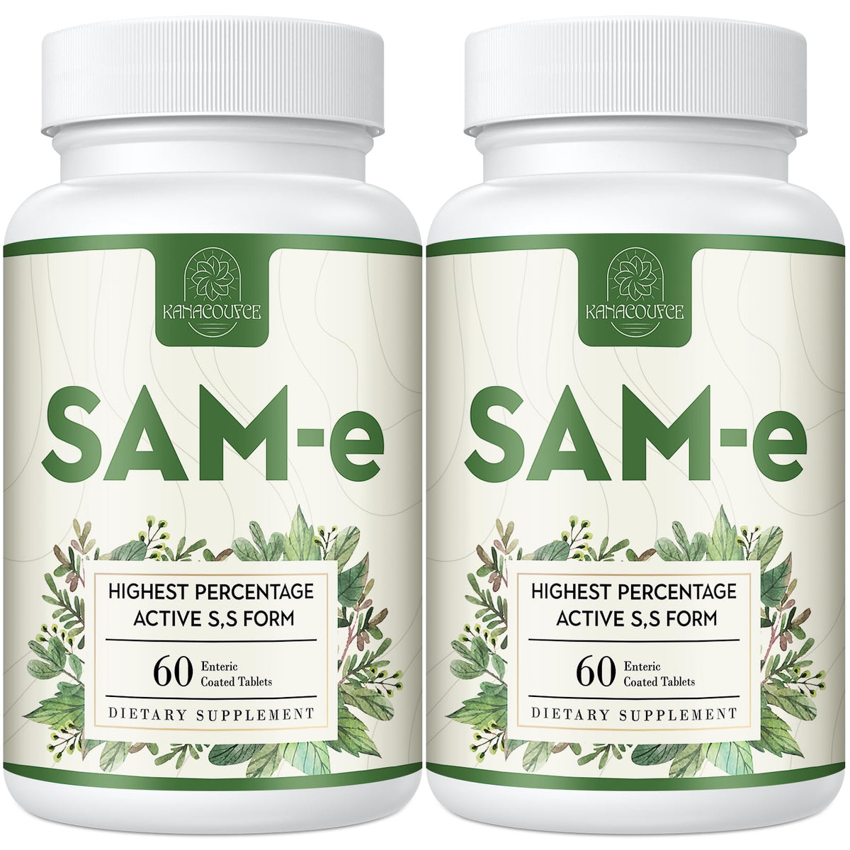 Kanacoufce SAM-e 1100mg tablets in a bottle for mood and joint support.