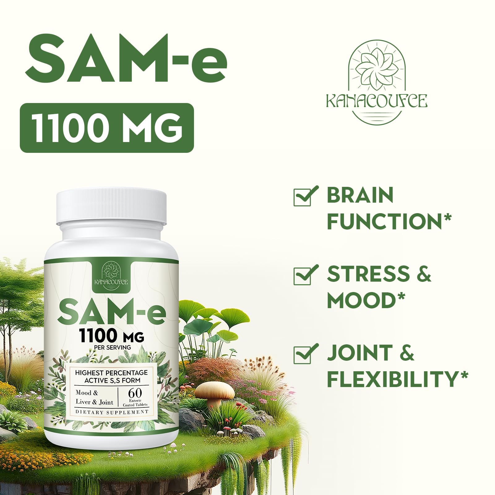 Pills with glass of water featuring Kanacoufce SAM-e 1100mg